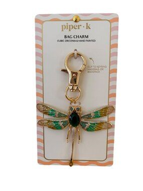 Piper K Dragonfly bag charm features Green and Gold accents with Cubic zirconia